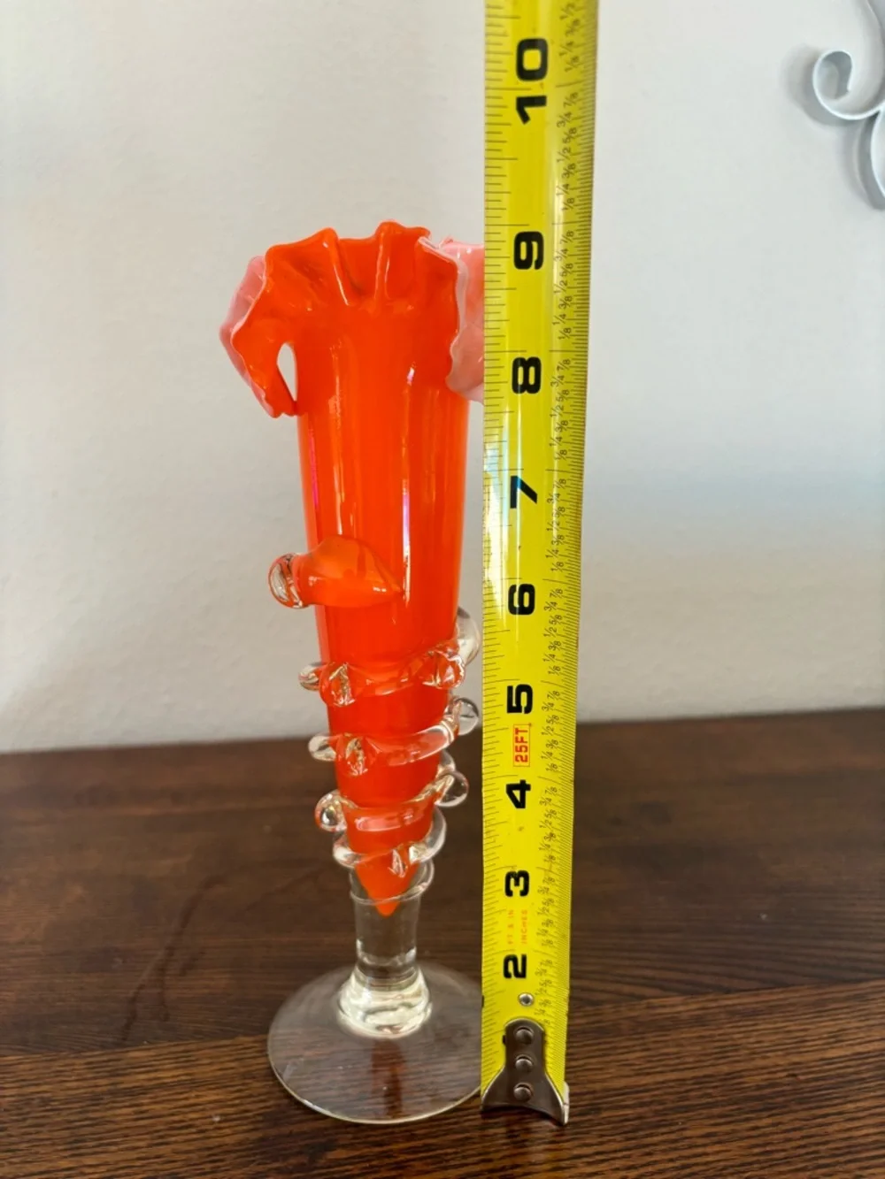 Vintage Bohemian Art Glass Vase Orange Cased White Ruffled Vase